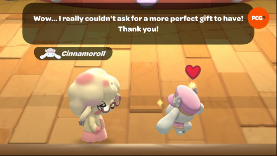 Hello Kitty Island Adventure gift guide: A player character who looks like a lamb gives a gift to Cinnamoroll.