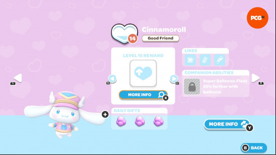 Hello Kitty Island Adventure gift guide: The in-game page for Cinnamoroll's friendship level and likes.