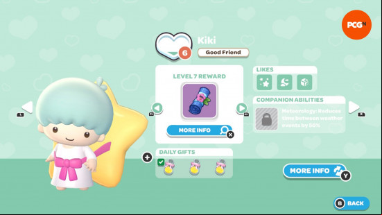 Hello Kitty Island Adventure gift guide: The in-game page for Kiki's friendship level and likes.