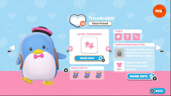 Hello Kitty Island Adventure gift guide: The in-game page for Tuxedosam's friendship level and likes.