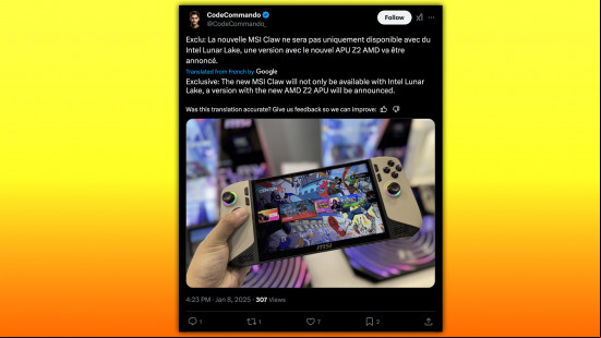 msi claw rumor screenshot that says Exclusive: The new MSI Claw will not only be available with Intel Lunar Lake, a version with the new AMD Z2 APU will be announced.