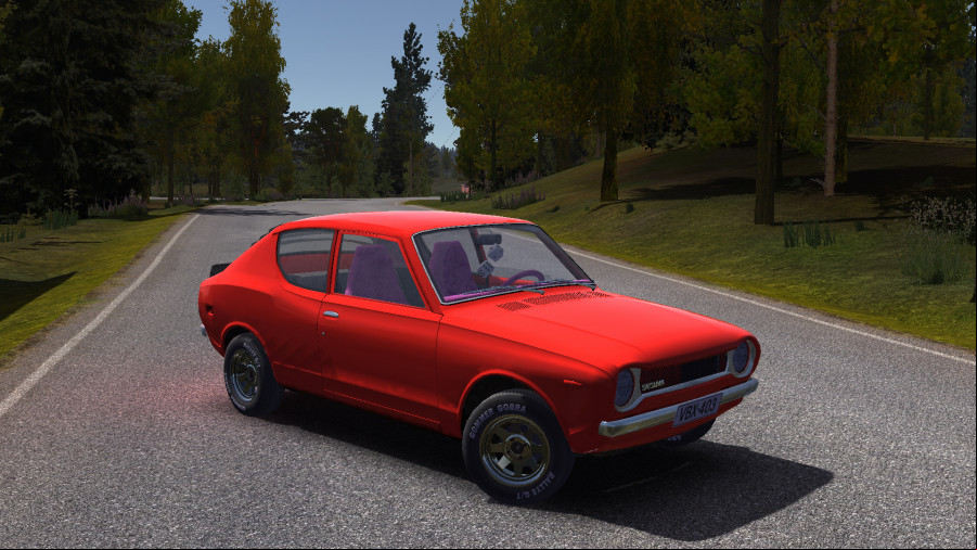 My Summer Car: A red car sits in the middle of a tree-lined road