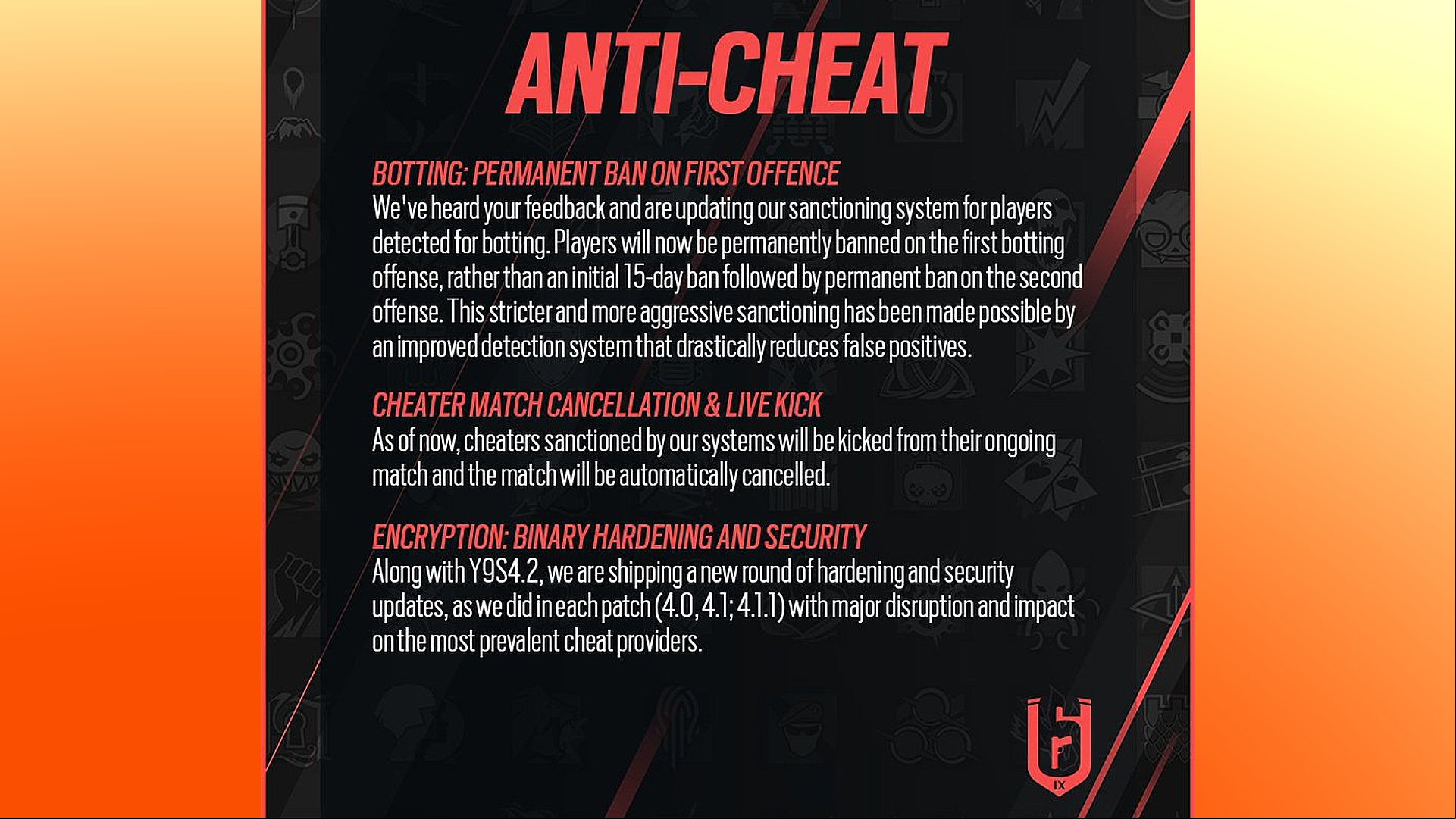 Rainbow Six Siege: A screenshot of a statement from Ubisoft explaining recent anti-cheat changes