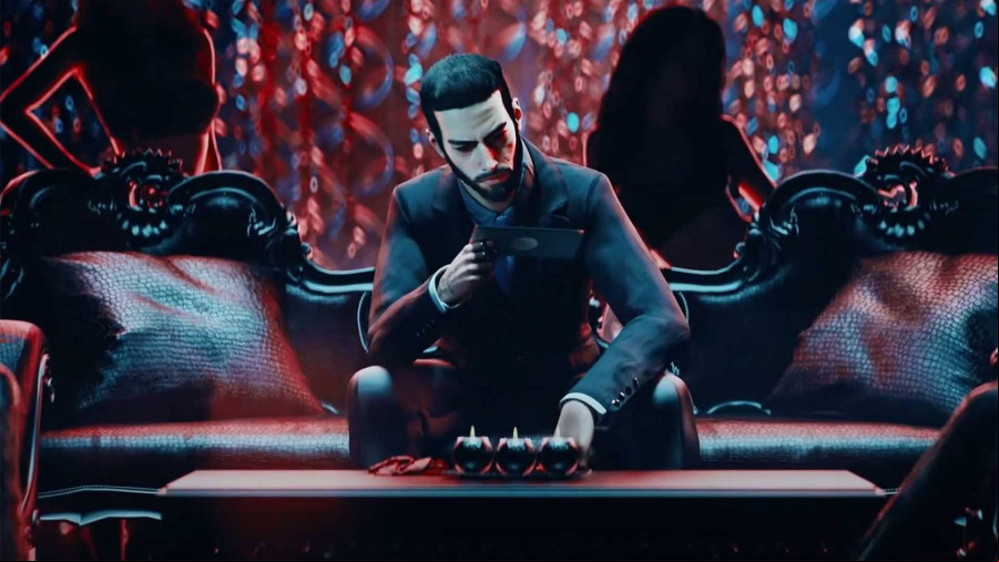 Vampire The Masquerade Swansong: A handsome, beared man in a suit sits on an ornate red leather chair looking at an invite in a black envelope