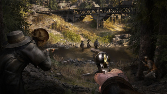 Best Western games: two people holding revolver pistols stalk another group as they cross a shallow river.