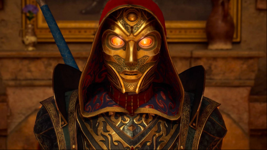 Avowed: A hooded figure wearing an ornate skeletal mask with glowing red eyes looks menacingly into the camera
