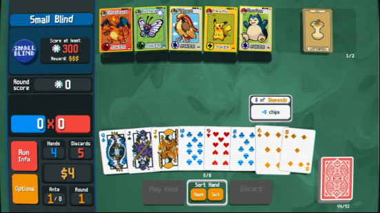 A game of Balatro is shown with Pokemon themed Joker and Tarot cards thanks to Pokermon, one of the best Balatro mods.