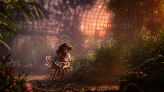 Best farming games: Merge Gardens. Image shows people looking sentimental in a greenhouse.