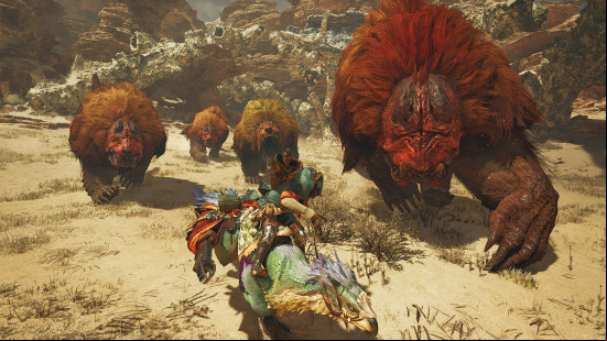 Best open-world games: a hunter riding away from rampaging maned beasts in Monster Hunter Wilds