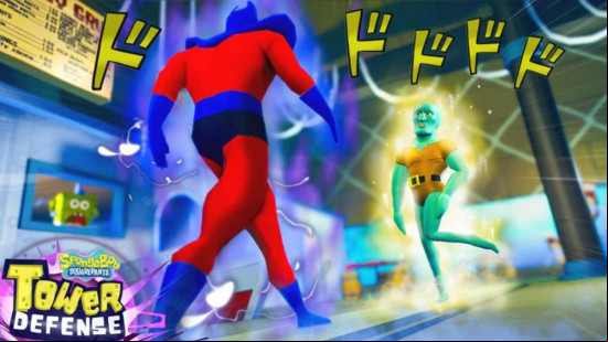 Man Ray approaching Handsome Squidward as Spongebob appears shocked from behind the order kitchen window.
