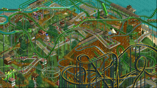 Best Tycoon games: a jumbled mess of metal tracks, several large rollercoasters intertwine.