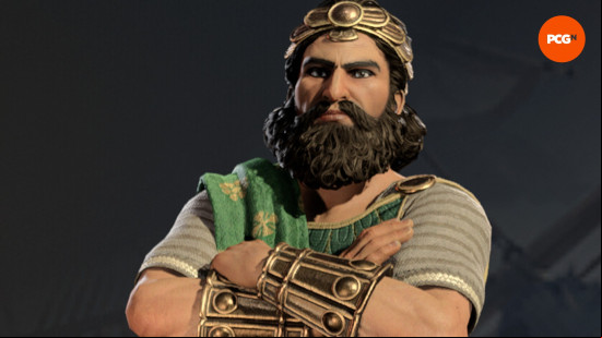 Xerxes the Achaemenid, one of the best Civ 7 leaders, stands with his arms folded.