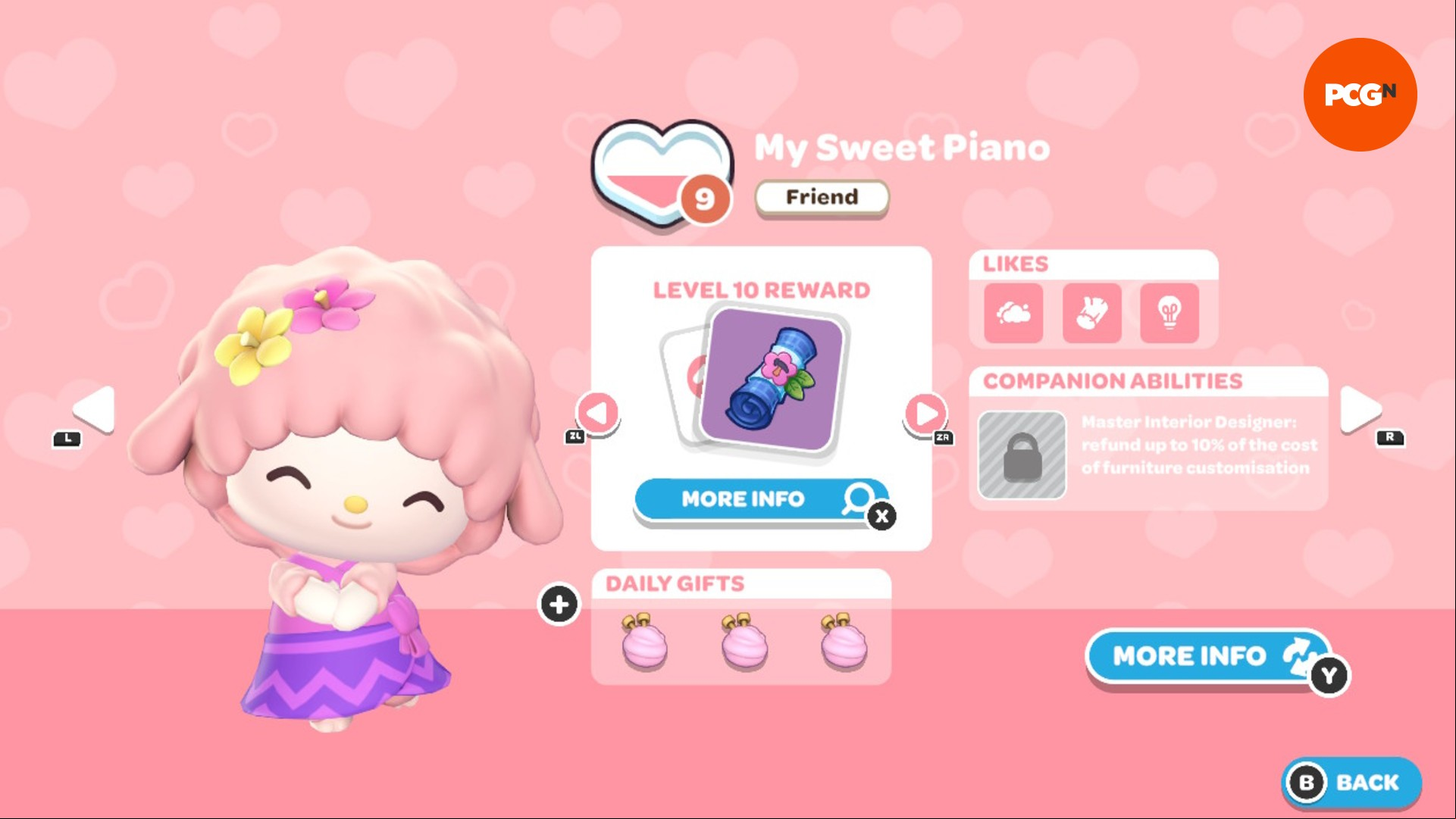 Hello Kitty Island Adventure gift guide: The in-game page for My Sweet Piano's friendship level and likes.