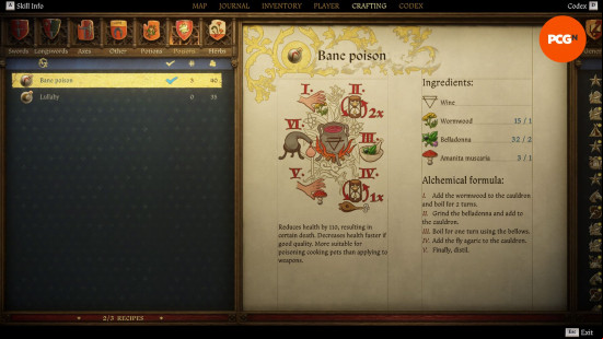 Kingdom Come Deliverance 2 potions: an old weathered page from a book showing the recipe for a potion named bane.