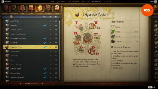 Kingdom Come Deliverance 2 potions: an old weathered page from a book showing the recipe for a potion named digestive potion.