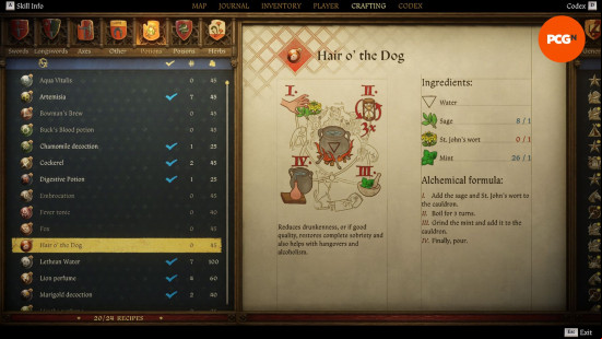 Kingdom Come Deliverance 2 potions: an old weathered page from a book showing the recipe for a potion named hair o the dog.