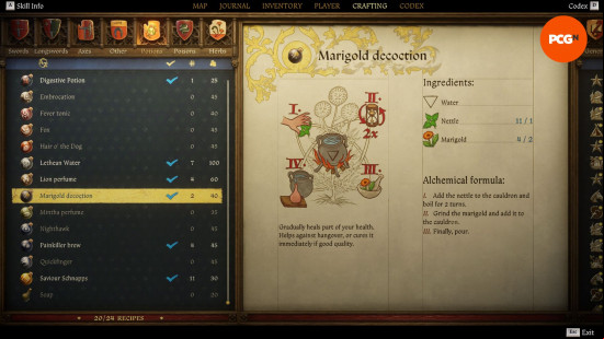 Kingdom Come Deliverance 2 potions: an old weathered page from a book showing the recipe for a potion named marigold decoction.
