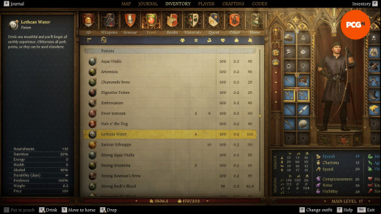 Kingdom Come Deliverance 2 respec: an image of a person's inventory, with an item named Lethean Water highlighted.