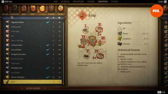 Kingdom Come Deliverance 2 potions: an old weathered page from a book showing the recipe for a potion named soap.