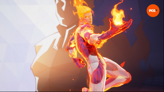 Marvel Rivals tier list: Human Torch, ablaze, in his white and blue Fantastic 4 suit