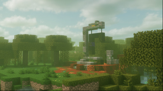 A green fog covers a swamp biome with the Minecraft Bliss shader pack installed.