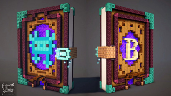 The front and back of a storybook nether portal build in Minecraft.