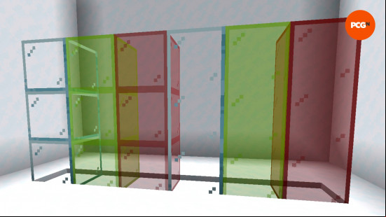 Six columns of colored glass demonstrate the difference between connected glass and vanilla glass in Connected Glass, one of the best Minecraft texture packs.