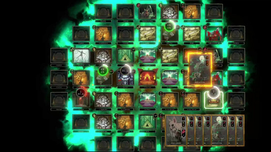 A bunch of tiles are organized on a bright green background, creating a base in The Deadly Path, one of the best Steam Next Fest demos.