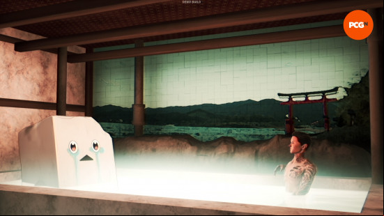 A Japanese man with tattoos sits in a hot tub with a crying block of tofu