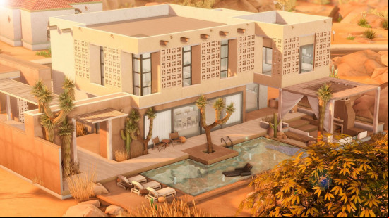 A modern-shaped Sims 4 house built in the desert, with cactus and a swimming pool to add to the look.