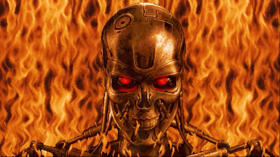 Terminator 2D: No Fate, a terminator robot emerging from flames.