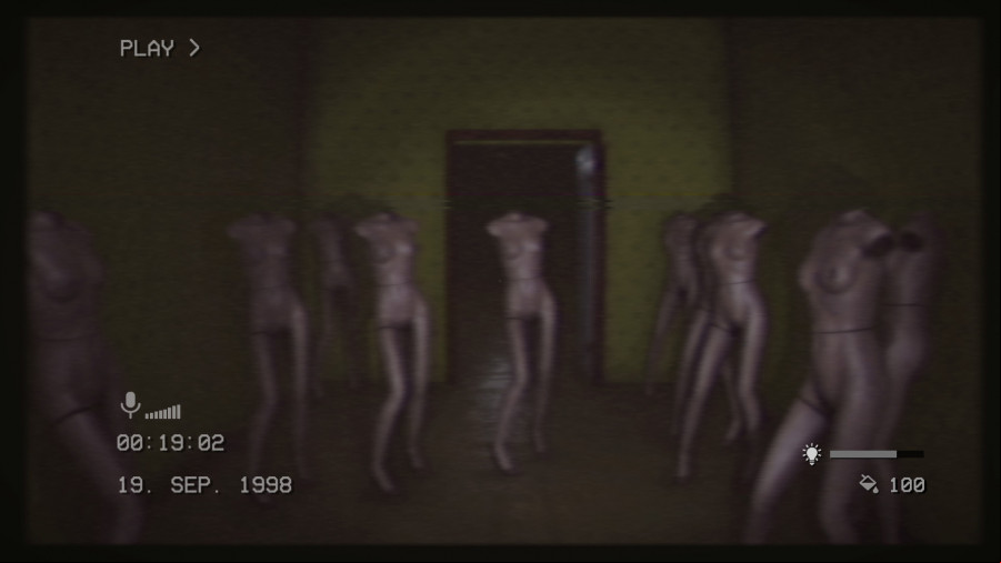 Multiple headless mannequins are stood in a room in The Backrooms 1998.