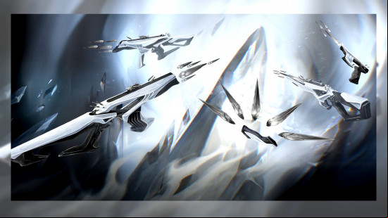 A black and white image of the crystalline Cyrax collection of Valorant weapon skins.