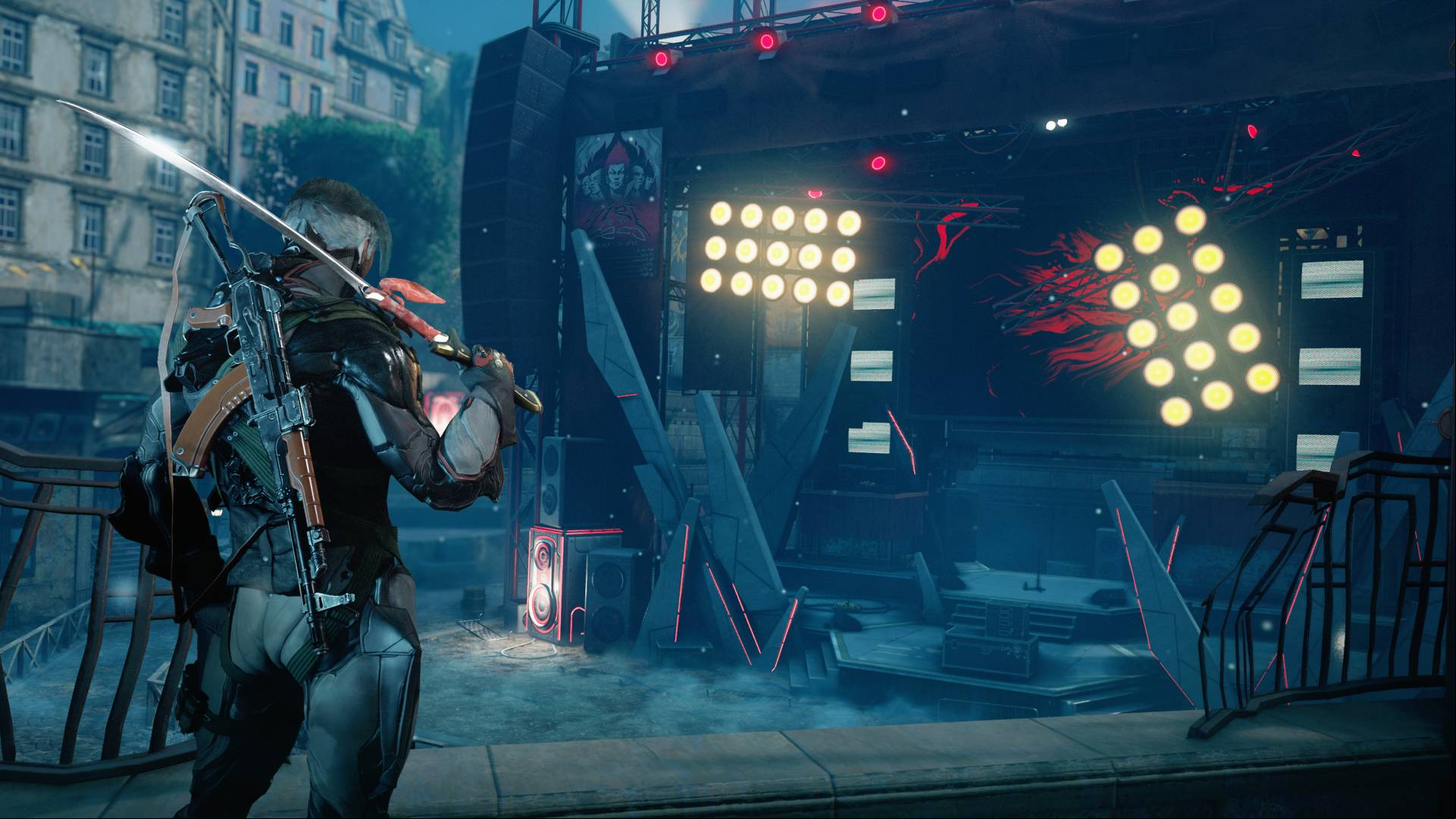 Warframe 1999's colossal new update adds Temple, two new modes, boyband bosses: A man wearing a skintight suit with a katana over his shoulder looks at an abandoned stage
