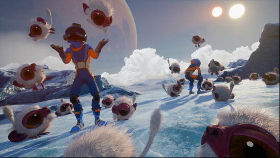 Two players surrounded by small, fuzzy enemies in Revenge of the Savage Planet.