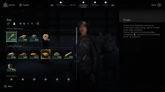 AC Shadows resources: a computer screen showing the amount fo hay a person has.