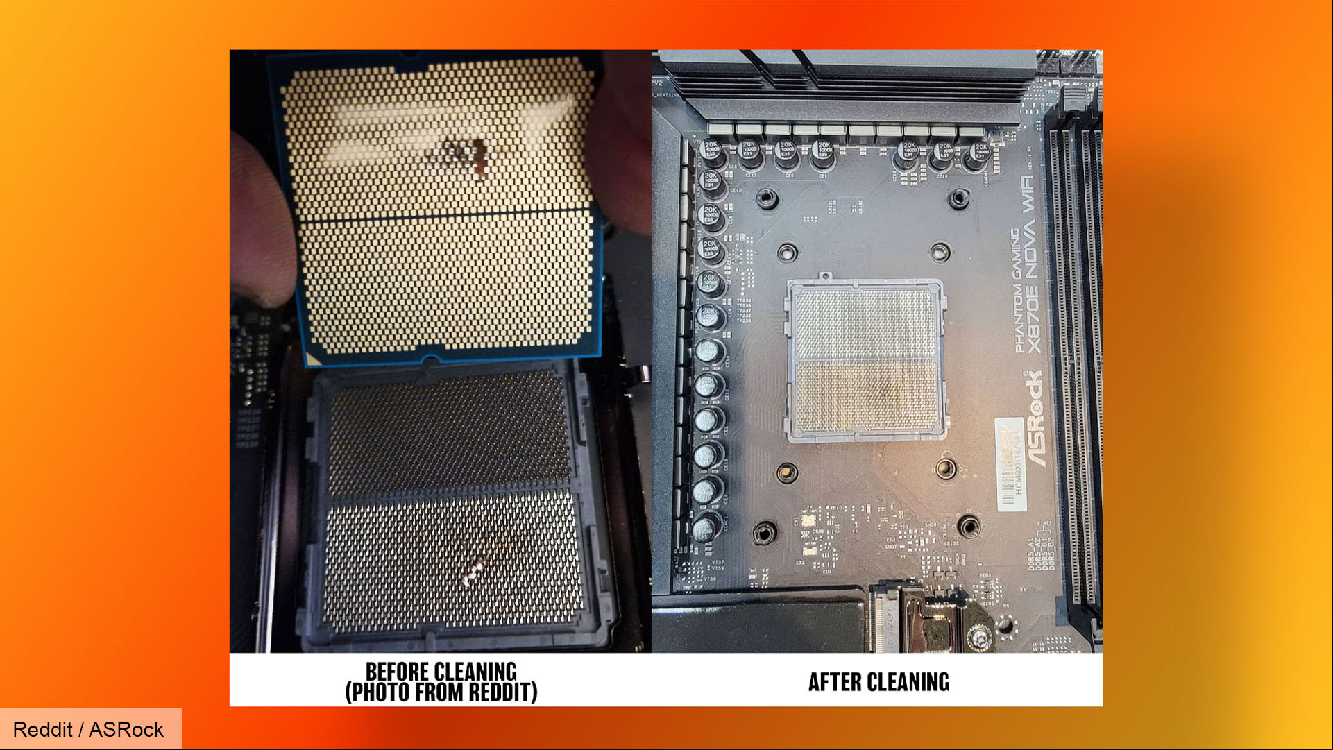 AMD Ryzen 7 9800X3D with burn marks next to cleaned ASRock motherboard socket.