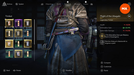 Best Assassin's Creed Shadows Amulets Trinkets: Naoe wearing a cream pouch with birds on