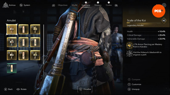 Best Assassin's Creed Shadows Amulets Trinkets: Yasuke wearing a red, detailed Amulet