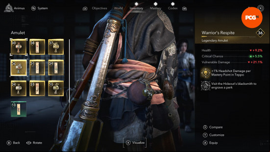 Best Assassin's Creed Shadows Amulets Trinkets: Yasuke wearing a silver and gold Amulet
