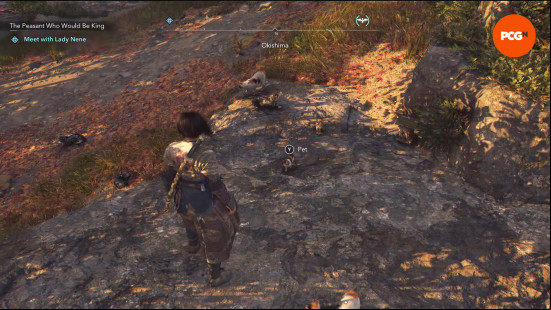 Assassin's Creed Shadows cat island: Naoe surrounded by cats