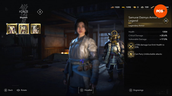 assassins-creed-shadows-gear-upgrade Assassin's Creed Shadows gear upgrade: a piece of Legendary armor with a second engraving