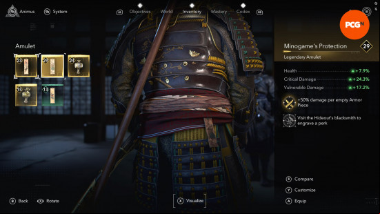 assassins-creed-shadows-legendary-gear-locations-amulet Assassin's Creed Shadows Legendary gear locations: a small amulet sits below Yasuke's belt