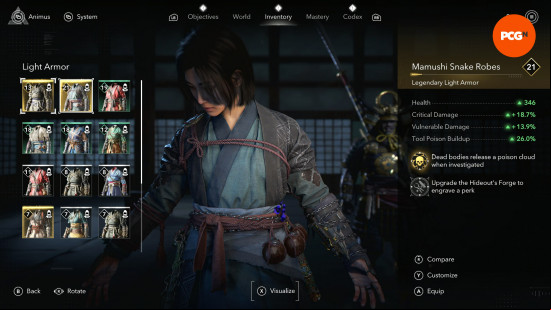 assassins-creed-shadows-legendary-gear-locations-armor-naoe Assassin's Creed Shadows Legendary gear locations: Naoe wearing a garment in mixed blues with tools hanging from it