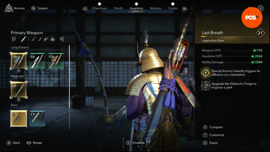 assassins-creed-shadows-legendary-gear-locations-bow Assassin's Creed Shadows Legendary gear locations: Yasuke holding out a large bow