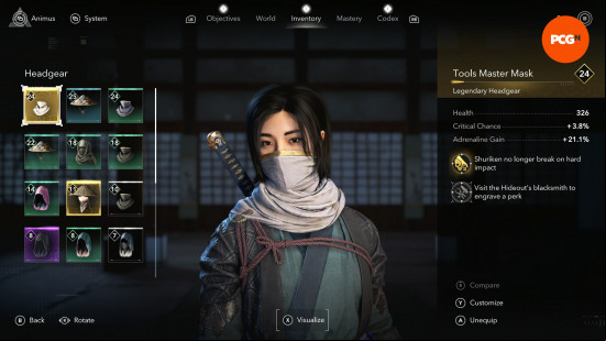 assassins-creed-shadows-legendary-gear-locations-headgear-naoe Assassin's Creed Shadows Legendary gear locations: Naoe wearing a white face mask