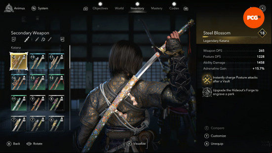 assassins-creed-shadows-legendary-gear-locations-katana Assassin's Creed Shadows Legendary gear locations: Naoe unsheathing a katana from her back