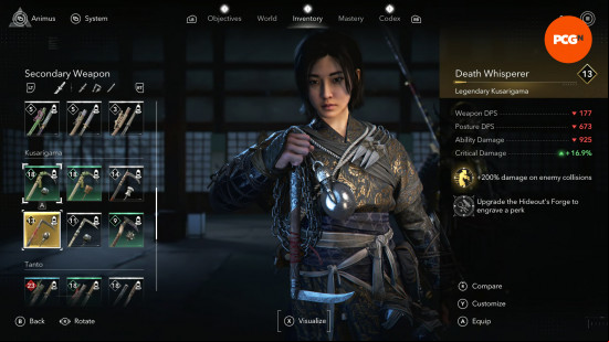 assassins-creed-shadows-legendary-gear-locations-kusarigama Assassin's Creed Shadows Legendary gear locations: Naoe holding a scythe-like kusarigama