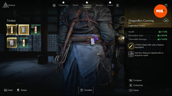 assassins-creed-shadows-legendary-gear-locations-trinket Assassin's Creed Shadows Legendary gear locations: a small trinket hangs from the back of Naoe's belt