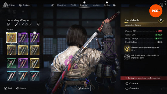 Assassin's Creed Shadows weapons best: Naoe unsheathing a katana from a black and red scabbard